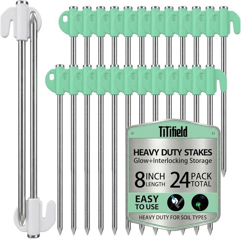 Heavy Duty Tent Stakes, 8 Pcs 3 Gauge (6mm) 8 Inch Galvanized Steel Ground Anchors with Glow-in-The-Dark PVC Caps – Camping, Canopy, Gazebo, Shade Sail, Garden & Outdoor Use in Saudi Arabia