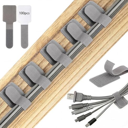 100 Pcs Hook and Loop Cable Ties, Self Adhesive Cable Management Under Desk Cable Straps, Adjustable Cord Organizer for Desk Home Office Organization (Grey) in Saudi Arabia