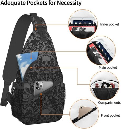 Victorian Gothic Black Skull Hiking Daypacks,Crossbody Sling Backpack Shoulder Bag Chest Bag,With Adjustable Strap High Capacity,For Men Women Outdoor Cycling Hiking Travel One Size in Saudi Arabia