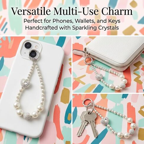 1Pc chain phone charm, handcrafted rhinestone-encrusted bag charm/keychain, sparkling crystals, exquisite wristband, suitable for phones, wallets,and keys(white) in Saudi Arabia