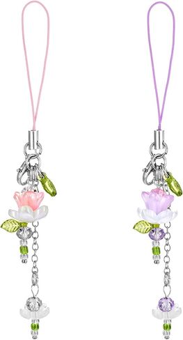 2 Pcs Flower Phone Charm Blue & Pink Lotus Flower Phone Strap Cute Beaded Flowers Phones Strap Y2K Accessories Handmade Decor for Keychain TelePhone Camera Bag in Saudi Arabia