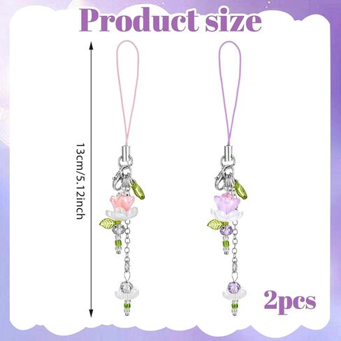 2 Pcs Flower Phone Charm Blue & Pink Lotus Flower Phone Strap Cute Beaded Flowers Phones Strap Y2K Accessories Handmade Decor for Keychain TelePhone Camera Bag in Saudi Arabia