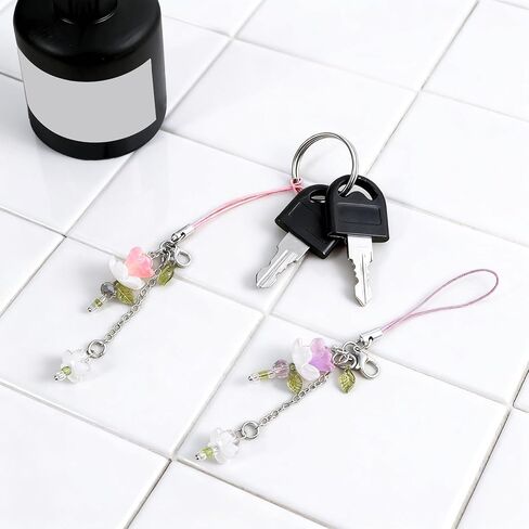 2 Pcs Flower Phone Charm Blue & Pink Lotus Flower Phone Strap Cute Beaded Flowers Phones Strap Y2K Accessories Handmade Decor for Keychain TelePhone Camera Bag in Saudi Arabia