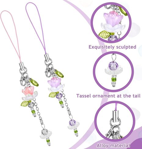 2 Pcs Flower Phone Charm Blue & Pink Lotus Flower Phone Strap Cute Beaded Flowers Phones Strap Y2K Accessories Handmade Decor for Keychain TelePhone Camera Bag in Saudi Arabia