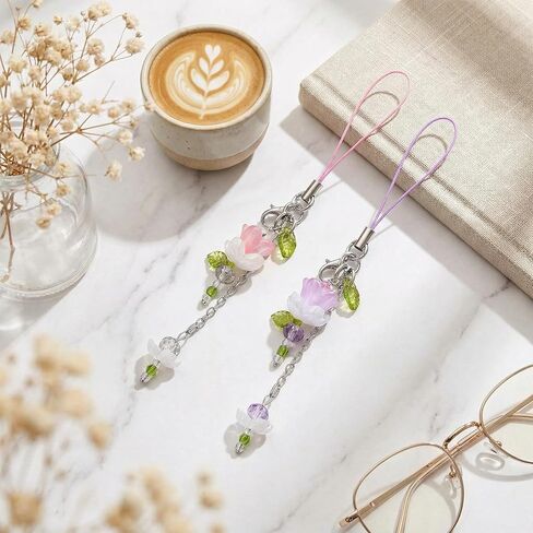 2 Pcs Flower Phone Charm Blue & Pink Lotus Flower Phone Strap Cute Beaded Flowers Phones Strap Y2K Accessories Handmade Decor for Keychain TelePhone Camera Bag in Saudi Arabia