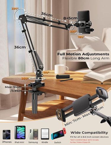 Tryone Gooseneck Kindle وحامل الهاتف لغرفة النوم أو المكتب أو المطبخ أو الأريكة. ذراع دوار 360 درجة بقاعدة ثابتة يناسب الهواتف وأجهزة القراءة الإلكترونية معدن 4 مفاصل ذراع حر اليدين يناسب 4.7-8.6 بوصة - أسود 31.5 بوصة in Kuwait