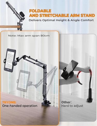 Tryone Gooseneck Kindle وحامل الهاتف لغرفة النوم أو المكتب أو المطبخ أو الأريكة. ذراع دوار 360 درجة بقاعدة ثابتة يناسب الهواتف وأجهزة القراءة الإلكترونية معدن 4 مفاصل ذراع حر اليدين يناسب 4.7-8.6 بوصة - أسود 31.5 بوصة in Kuwait