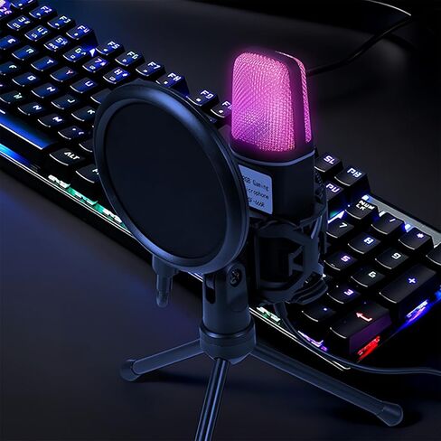 مكثف ميكروفون ألعاب USB مع ضوء RGB الدوار سريع كتم الصوت لبث البودكاست، أسود in Saudi Arabia