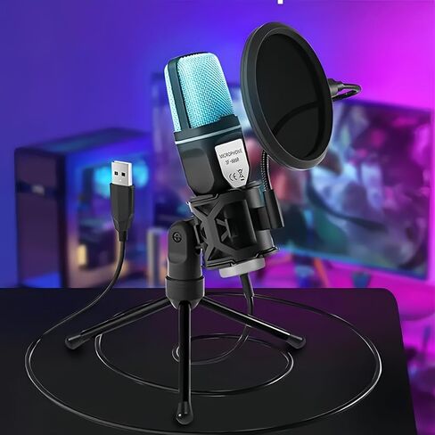 مكثف ميكروفون ألعاب USB مع ضوء RGB الدوار سريع كتم الصوت لبث البودكاست، أسود in Saudi Arabia