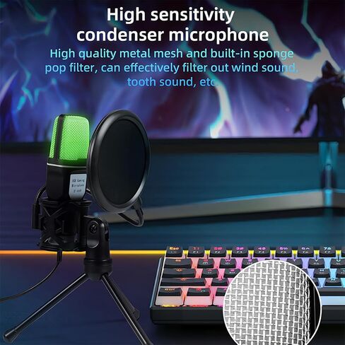 مكثف ميكروفون ألعاب USB مع ضوء RGB الدوار سريع كتم الصوت لبث البودكاست، أسود in Saudi Arabia