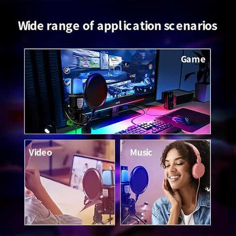 مكثف ميكروفون ألعاب USB مع ضوء RGB الدوار سريع كتم الصوت لبث البودكاست، أسود in Saudi Arabia