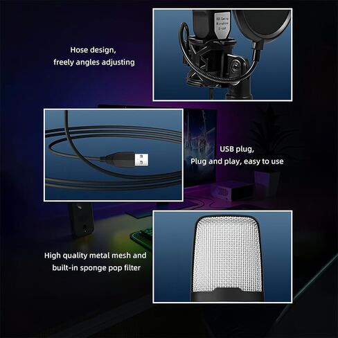 مكثف ميكروفون ألعاب USB مع ضوء RGB الدوار سريع كتم الصوت لبث البودكاست، أسود in Saudi Arabia