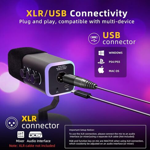ميكروفون ألعاب VCOM XLR/USB للكمبيوتر الشخصي، ميكروفون كمبيوتر ديناميكي لبث البودكاست، ضوء RGB، زر كتم الصوت، مقبس سماعات الرأس، حامل سطح المكتب، ميكروفون صوتي للغناء على YouTube TikTok in Kuwait
