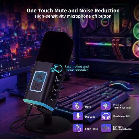 ميكروفون ألعاب VCOM XLR/USB للكمبيوتر الشخصي، ميكروفون كمبيوتر ديناميكي لبث البودكاست، ضوء RGB، زر كتم الصوت، مقبس سماعات الرأس، حامل سطح المكتب، ميكروفون صوتي للغناء على YouTube TikTok in Kuwait