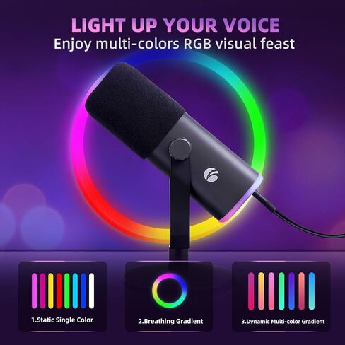 ميكروفون ألعاب VCOM XLR/USB للكمبيوتر الشخصي، ميكروفون كمبيوتر ديناميكي لبث البودكاست، ضوء RGB، زر كتم الصوت، مقبس سماعات الرأس، حامل سطح المكتب، ميكروفون صوتي للغناء على YouTube TikTok in Kuwait