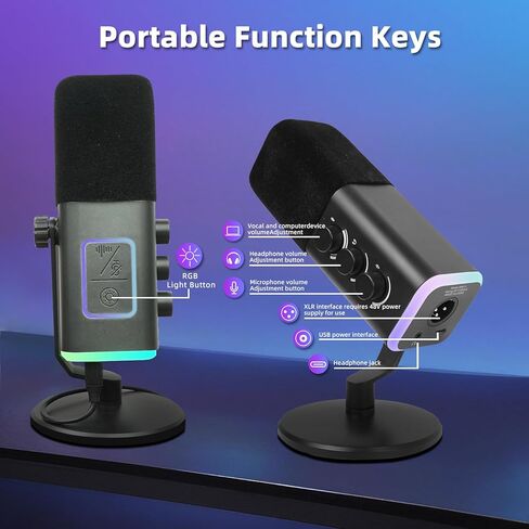 ميكروفون ألعاب VCOM XLR/USB للكمبيوتر الشخصي، ميكروفون كمبيوتر ديناميكي لبث البودكاست، ضوء RGB، زر كتم الصوت، مقبس سماعات الرأس، حامل سطح المكتب، ميكروفون صوتي للغناء على YouTube TikTok in Kuwait