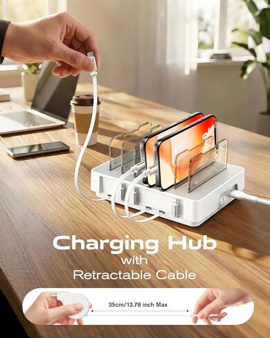 محطة شحن SooPii HomeHub H1 لأجهزة متعددة، شاحن سريع لسطح المكتب بـ 6 منافذ مع 6 كابلات قابلة للسحب (4*C+2*iP)، محطة شحن PD بقدرة 60 وات لأجهزة iPhone/الكمبيوتر اللوحي، منظم شحن خالٍ من التشابك in Saudi Arabia