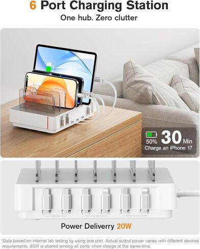 محطة شحن SooPii HomeHub H1 لأجهزة متعددة، شاحن سريع لسطح المكتب بـ 6 منافذ مع 6 كابلات قابلة للسحب (4*C+2*iP)، محطة شحن PD بقدرة 60 وات لأجهزة iPhone/الكمبيوتر اللوحي، منظم شحن خالٍ من التشابك in Saudi Arabia