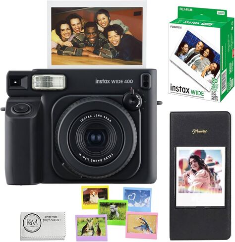 كاميرا فوجي فيلم انستاكس وايد 400 الفورية | أسود قاتم مع فيلم فوري واسع النطاق من INSTAX | 20 صورة تعرض + ألبوم عريض وإطارات ملونة + قطعة قماش للتنظيف (4 عناصر) in Saudi Arabia