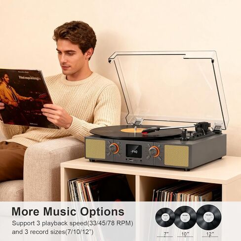 مشغل تسجيل الفينيل VINYLS LINK مع مكبر صوت، قرص دوار بلوتوث ثلاثي السرعات مع راديو FM وشاشة LED، تسجيل USB، تشغيل بطاقة TF، مدخل AUX ومخرج RCA، مشغل تسجيل ريترو محمول للمنزل in Kuwait