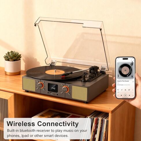 مشغل تسجيل الفينيل VINYLS LINK مع مكبر صوت، قرص دوار بلوتوث ثلاثي السرعات مع راديو FM وشاشة LED، تسجيل USB، تشغيل بطاقة TF، مدخل AUX ومخرج RCA، مشغل تسجيل ريترو محمول للمنزل in Kuwait