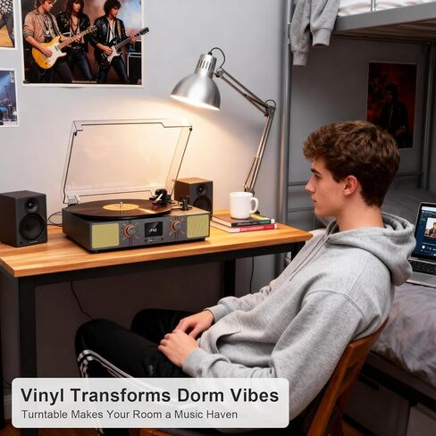 مشغل تسجيل الفينيل VINYLS LINK مع مكبر صوت، قرص دوار بلوتوث ثلاثي السرعات مع راديو FM وشاشة LED، تسجيل USB، تشغيل بطاقة TF، مدخل AUX ومخرج RCA، مشغل تسجيل ريترو محمول للمنزل in Kuwait