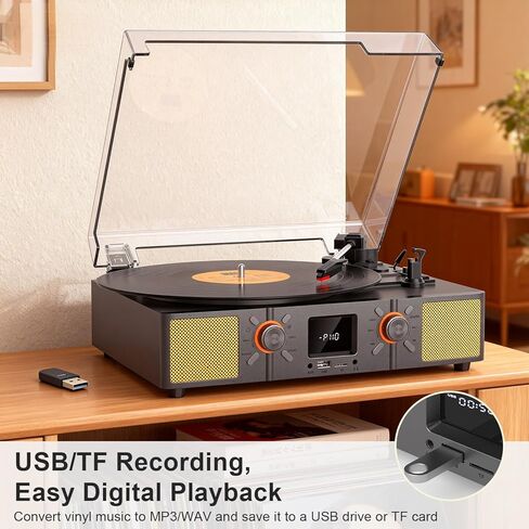مشغل تسجيل الفينيل VINYLS LINK مع مكبر صوت، قرص دوار بلوتوث ثلاثي السرعات مع راديو FM وشاشة LED، تسجيل USB، تشغيل بطاقة TF، مدخل AUX ومخرج RCA، مشغل تسجيل ريترو محمول للمنزل in Kuwait