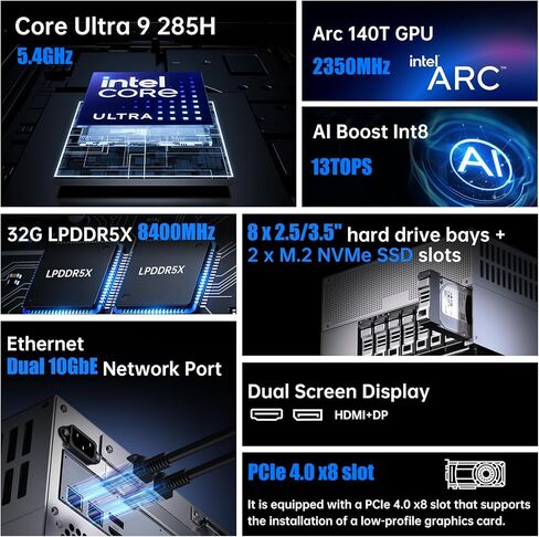 Thdeukoty Desktop NAS 8-Bay, Ultra 9 285H AI CPU, 32GB LPDDR5X 8400Mhz RAM, 2 x 10GbE, 2 x M.2 NVMe Slots, HD/DP, PCIe 4.0 x 8 Slot, USB 4, Support Dual System Network Attached Storage (Diskless) in Saudi Arabia
