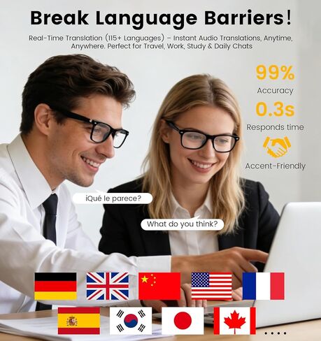 نظارات الذكاء الاصطناعي الذكية للرجال والنساء مع ترجمة فورية وصوت بلوتوث، نظارات ترجمة 115 لغة مع مكبرات صوت مفتوحة للأذن، مكالمات بدون استخدام اليدين، حماية من الضوء الأزرق لهاتف iPhone Android in Kuwait