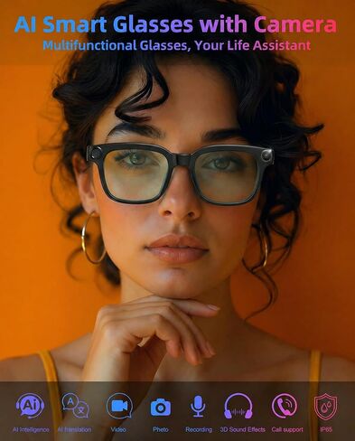 نظارات ذكية بتقنية الذكاء الاصطناعي مع كاميرا، نظارات تسجيل فيديو بدقة 1080 بكسل، نظارات كاميرا بدقة 8 ميجابكسل للرجال والنساء، صوت الذكاء الاصطناعي، ترجمة فورية، عدسات فوتوكروميك، IP65، صوت بلوتوث للسفر والاجتماعات ومدونة الفيديو in Kuwait