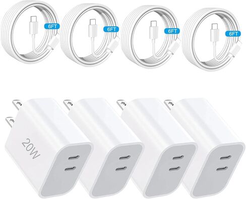 مكعب شاحن USB، كتلة شاحن سريع USB C، 4 عبوات شاحن حائط USB C مزدوج المنفذ 20 وات مع كابل شاحن USB C بطول 6 أقدام لهاتف iPhone 17/17 Pro/17 Pro Max/Air/16/16 Plus/16 Pro/16 Pro Max/15/15 Pro/15 Pro Max in Kuwait