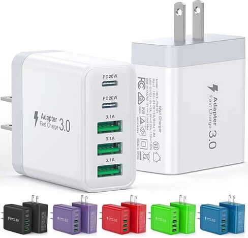 [عبوتان] شاحن حائط USB C، كتلة شاحن USB C سريع 60 وات، محول طاقة PD 5 منافذ + قابس حائط QC مكعب شحن متعدد المنافذ من النوع C متوافق مع iPhone 17 16 15 14 13 12 Pro Max XR XS، والأجهزة اللوحية in Kuwait