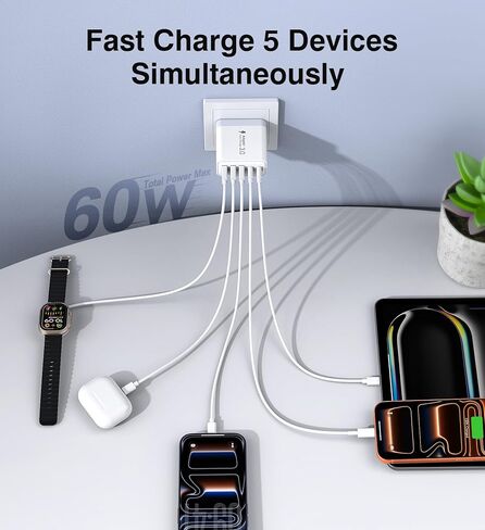 [عبوتان] شاحن حائط USB C، كتلة شاحن USB C سريع 60 وات، محول طاقة PD 5 منافذ + قابس حائط QC مكعب شحن متعدد المنافذ من النوع C متوافق مع iPhone 17 16 15 14 13 12 Pro Max XR XS، والأجهزة اللوحية in Kuwait