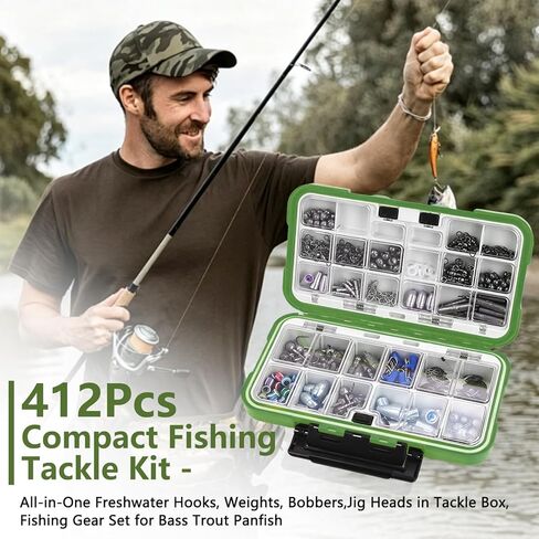 412Pcs Fishing Tackle Kit with Box,Complete Terminal Tackle Assortment-Hooks,Eye Beads,Sinkers & Swivels, Beads & Bobber Stops,Pliers,Fishing Equipment for Freshwater Bass&Trout,Fishing Gift for Men in Saudi Arabia