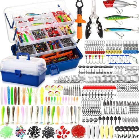 RoundFunny 756 Pcs Large 4 Layer Tackle Box with Tackle Fishing Lures Kit Included, Pliers, Lip Gripper, Hooks, Weights Sinkers, Crankbait Other Accessories, Gear and Equipment, Father's Day Gift in Saudi Arabia