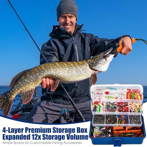 RoundFunny 756 Pcs Large 4 Layer Tackle Box with Tackle Fishing Lures Kit Included, Pliers, Lip Gripper, Hooks, Weights Sinkers, Crankbait Other Accessories, Gear and Equipment, Father's Day Gift in Saudi Arabia