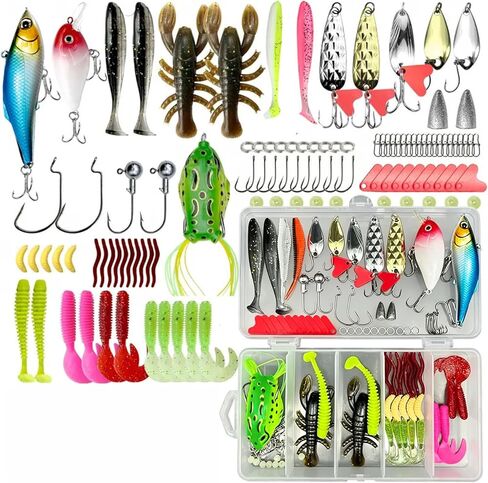 107Pcs Fishing Lures Kit, Including Soft Baits, Crankbaits, Spinners, Treble Hooks, Plastic Worms, Rivet Hooks & Spoon Lures with Tackle Box, for Freshwater & Saltwater Fishing in Saudi Arabia