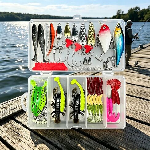 107Pcs Fishing Lures Kit, Including Soft Baits, Crankbaits, Spinners, Treble Hooks, Plastic Worms, Rivet Hooks & Spoon Lures with Tackle Box, for Freshwater & Saltwater Fishing in Saudi Arabia