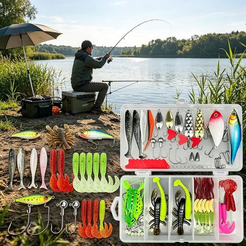 107Pcs Fishing Lures Kit, Including Soft Baits, Crankbaits, Spinners, Treble Hooks, Plastic Worms, Rivet Hooks & Spoon Lures with Tackle Box, for Freshwater & Saltwater Fishing in Saudi Arabia