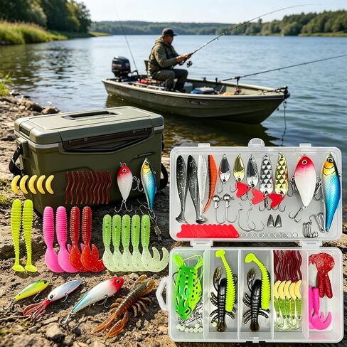107Pcs Fishing Lures Kit, Including Soft Baits, Crankbaits, Spinners, Treble Hooks, Plastic Worms, Rivet Hooks & Spoon Lures with Tackle Box, for Freshwater & Saltwater Fishing in Saudi Arabia