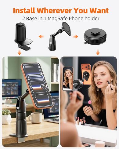 2 in 1 Magnetic Phone Holder Desk Mount, Cell Phone Clamp Clip for Pole Desk, Magnetic Phone Stand with Suction Cup, Compatible for iPhone 17 16,15, 14, 13 12 Pro/Max Samsung Galaxy, Google in Saudi Arabia