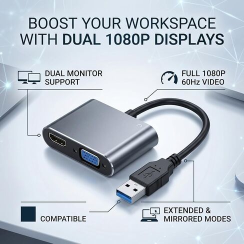 Diyeeni USB 3.0 إلى HDMI VGA محول، 1080P 60 هرتز HD عرض محول الفيديو، محول فيديو USB محمول مع أوضاع التمديد والمرآة لنظام التشغيل MacOS in Kuwait