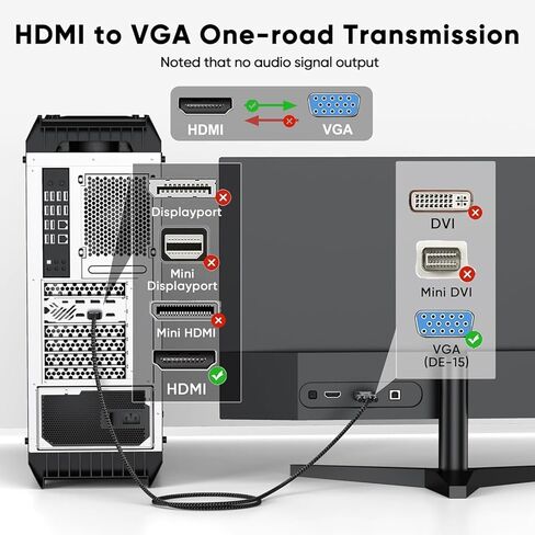 كابل HDMI إلى VGA فائق الوضوح بطول 6 أقدام من النايلون بدقة 1080 بكسل عالي الدقة لـ Raspberry Pi - أسود in Kuwait