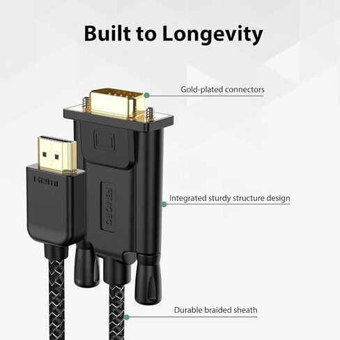 كابل HDMI إلى VGA فائق الوضوح بطول 6 أقدام من النايلون بدقة 1080 بكسل عالي الدقة لـ Raspberry Pi - أسود in Kuwait