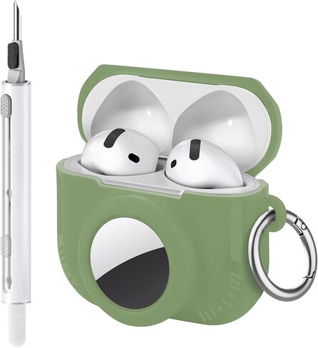 متوافق مع حافظة AirPods 4 وAirTag 2 في 1، غطاء حماية ناعم من السيليكون متوافق مع AirPods الجيل الرابع مع مجموعة التنظيف وحلقة تسلق - أسود in Saudi Arabia