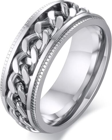 SWOPAN الرجال الدوار حلقة تململ القلق خواتم 8MM الفولاذ المقاوم للصدأ تململ الدائري للرجال النساء القلق الإغاثة مخدد حافة خاتم الخطوبة عصابات الزفاف دوران سلسلة خاتم هدية، فضي، حجم 12 in Kuwait