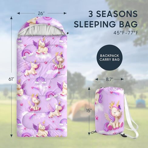 Wake In Cloud - Kids Sleeping Bag for Girls Toddlers, Camping in Warm Cold Weather, Backpacking Lightweight Compact Outdoor Liner for 3 Seasons, 3D Winged Unicorns in Saudi Arabia