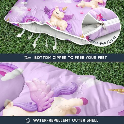 Wake In Cloud - Kids Sleeping Bag for Girls Toddlers, Camping in Warm Cold Weather, Backpacking Lightweight Compact Outdoor Liner for 3 Seasons, 3D Winged Unicorns in Saudi Arabia