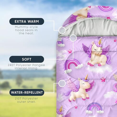 Wake In Cloud - Kids Sleeping Bag for Girls Toddlers, Camping in Warm Cold Weather, Backpacking Lightweight Compact Outdoor Liner for 3 Seasons, 3D Winged Unicorns in Saudi Arabia