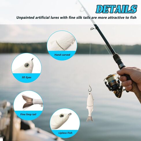 2 Pack Glide Bait Blanks – Unpainted Swimbait Lures for Bass & Musky, with Fiber Tail, Gravity Ball, 3D Eyes & Steel-Wire Joints for S-Shaped Swim in Saudi Arabia